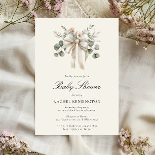 Vintage Bow Eucalyptus Floral Baby Shower Invitation