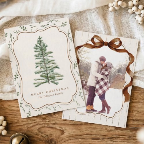Vintage Bow Heirloom Tree Photo Neutral Christmas Holiday Card