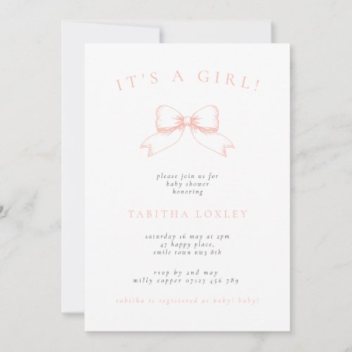 Vintage Bow Its A Girl Blush Baby Shower Invitation