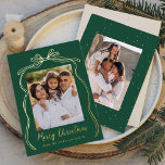 Vintage Bow Merry Christmas Green 2 Photo Foil Holiday Card<br><div class="desc">Celebrate the season in style with this luxurious foil Christmas card, featuring your favorite vertical family photo set against a dark green background adorned with an elegant, hand-drawn gold foil bow and ribbon. "Merry Christmas" shines in gold foil, adding a touch of sophistication, with space below to personalize your family...</div>