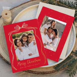 Vintage Bow Merry Christmas Red 2 Photo Foil Holiday Card