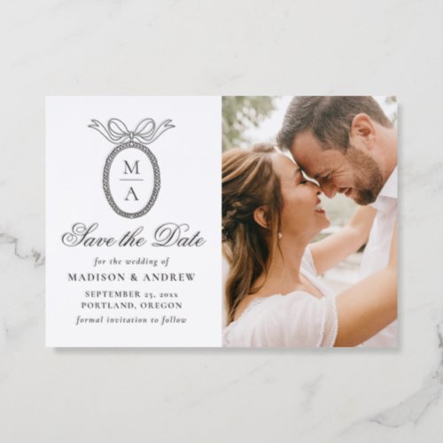 Vintage Bow Monogram Wedding Save the Date Letterpress Photo Cards