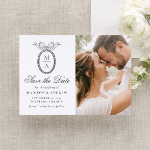 Vintage Bow Monogram Wedding Save the Date Letterpress Photo Cards