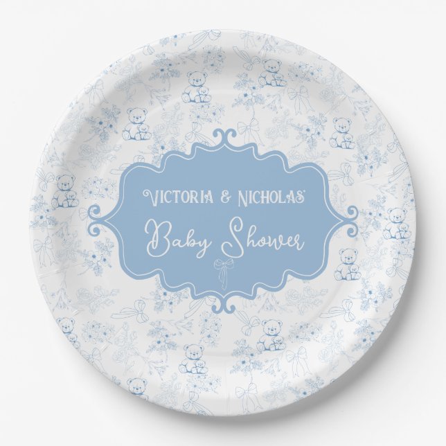 Vintage Bow Teddy Bear Baby Shower  Paper Plates (Front)