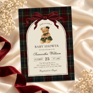 Vintage Bow Teddy Bear Christmas Baby Shower Invitation
