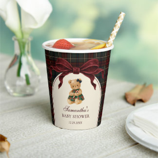 Vintage Bow Teddy Bear Christmas Baby Shower Paper Cups