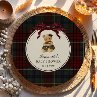 Vintage Bow Teddy Bear Christmas Baby Shower Paper Plates