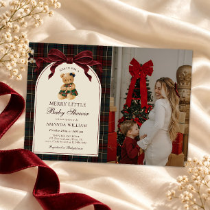 Vintage Bow Teddy Bear Christmas Baby Shower Photo Invitation