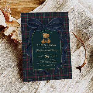Vintage Bow Teddy Bear Navy Plaid Baby Shower Invitation