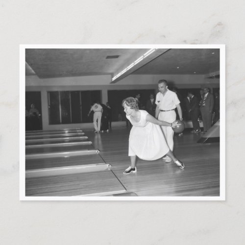 Vintage bowling all woman in white dress postcard