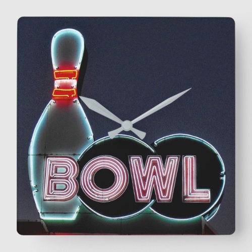 Vintage Bowling Neon Sign Square Wall Clock