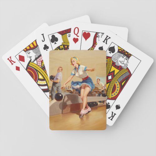 Vintage bowling pinup girl playing cards