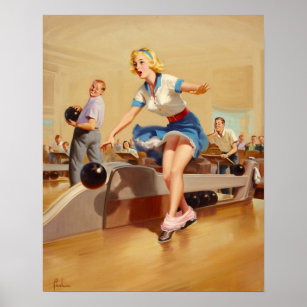 Vintage bowling pinup girl poster