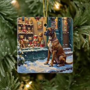 Vintage Boxer Dog at Christmas Toy Shop Window Ceramic Ornament