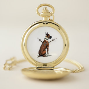 Vintage Boxer Dog From Behind Illustration Brown W Pocket Watch