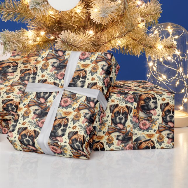 Vintage Boxer Dog Illustration Wrapping Paper (Holidays)
