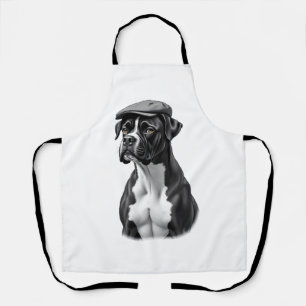 Vintage Boxer Dog in Cap Monochrome Graphic Illust Apron