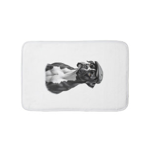 Vintage Boxer Dog in Cap Monochrome Graphic Illust Bath Mat