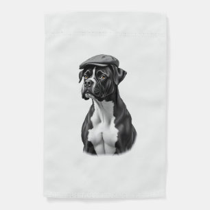 Vintage Boxer Dog in Cap Monochrome Graphic Illust Garden Flag