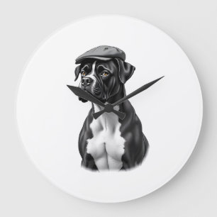 Vintage Boxer Dog in Cap Monochrome Graphic Illust Large Clock