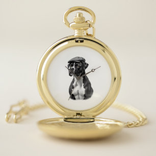Vintage Boxer Dog in Cap Monochrome Graphic Illust Pocket Watch