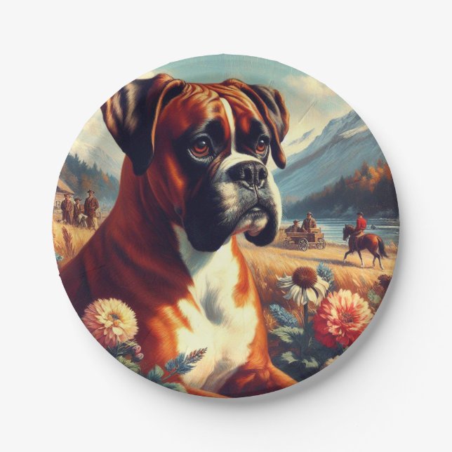 Vintage Boxer Dog Painting Paper Plates (Front)