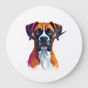 Vintage Boxer Dog Portrait Color Splash Pop Art Il Large Clock