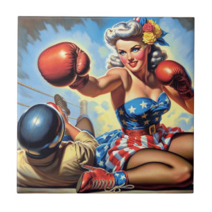 Vintage Boxing Girl Illustration Ceramic Tile