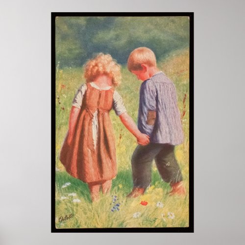 Vintage Boy a Girl Children Illustration Poster