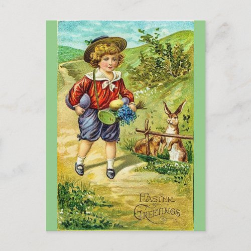 Vintage Boy and Bunny Easter Greeting Postcard