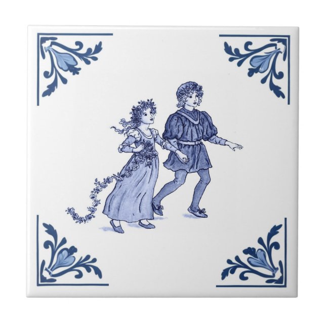 Vintage Boy and Girl Delft Corner Blue and White Ceramic Tile (Front)