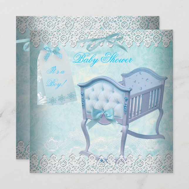 Vintage Boy Baby Shower Blue Lace Crib Invitation (Front/Back)