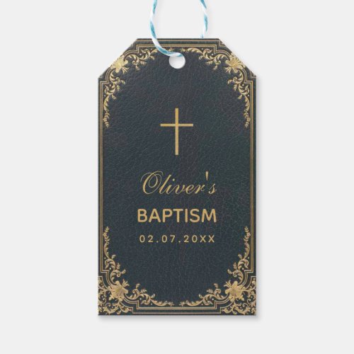 Vintage Boy Baptism Blue Elegant Script Gold Cross Gift Tags