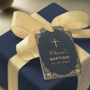 Vintage Boy Baptism Blue Elegant Script Gold Cross Gift Tags