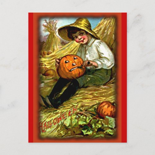 Vintage Boy Carving Pumpkin Halloween Postcard