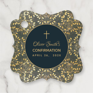 Vintage Boy Confirmation Elegant Gold Leaves Blue Favor Tags