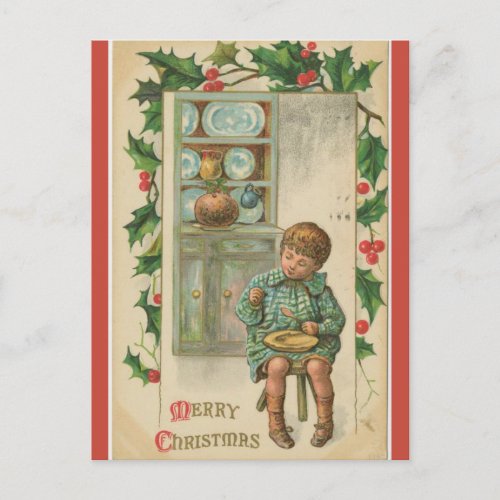 Vintage Boy Eating Plum Pudding Christmas Postcard
