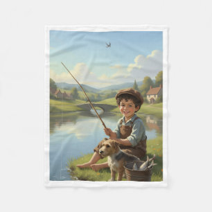 Vintage Boy Fishing with Dog Fleece Baby Blanket