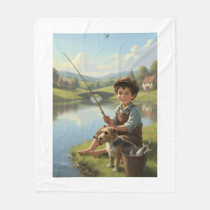 Vintage Boy Fishing with Dog Fleece Baby Blanket