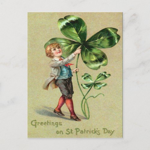 Vintage Boy Four Leaf Clover St Patricks Day Card