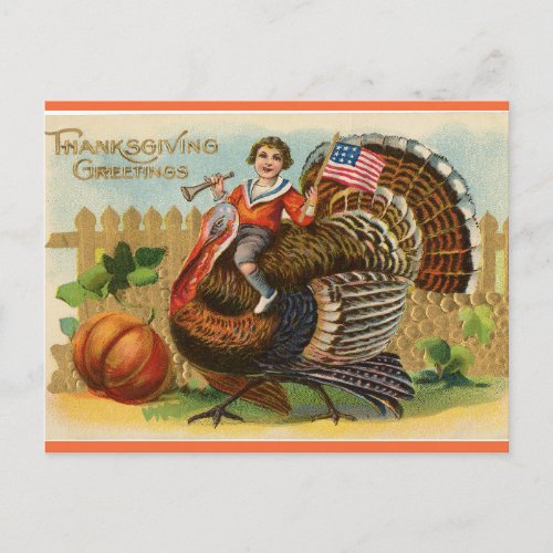 Vintage Boy Holding a Flag and Riding a Turkey Postcard