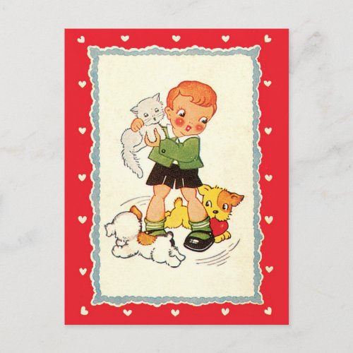 Vintage Boy Holding a Kitten with Racing Puppies Postcard