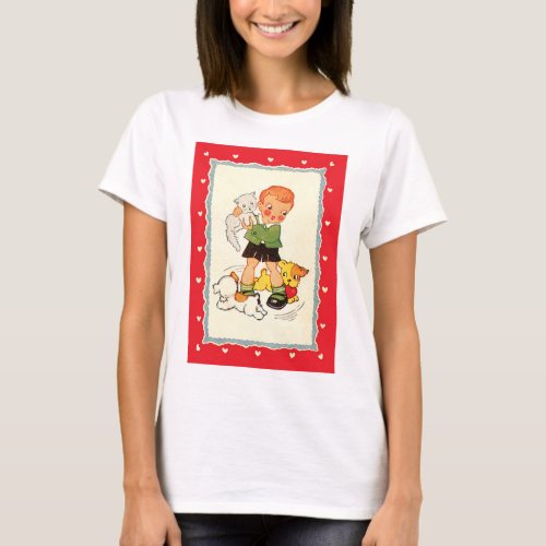 Vintage Boy Holding a Kitten with Racing Puppies T_Shirt