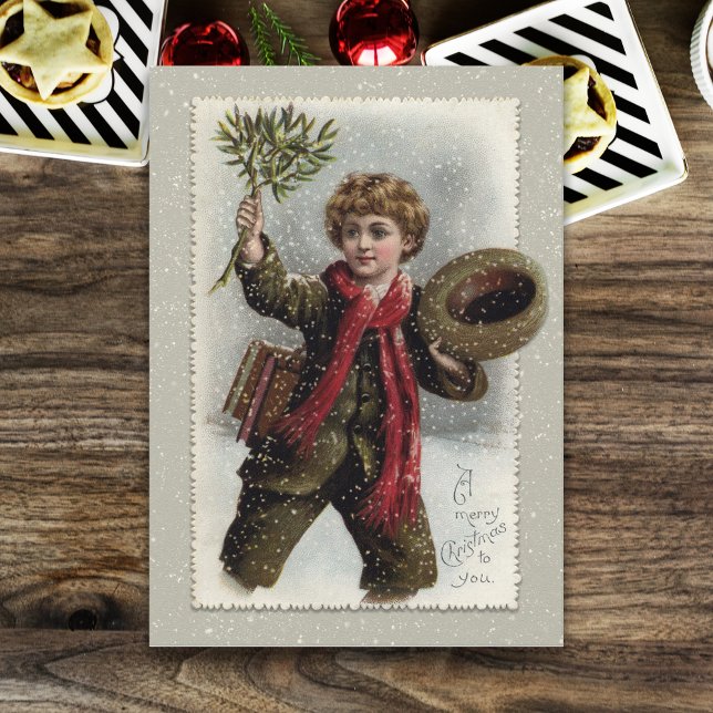 Vintage Boy in Snow with Merry Christmas Greeting Holiday Card (Creator Uploaded)