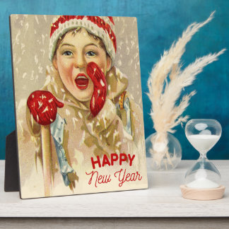vintage boy in the snow - Happy New Year Plaque