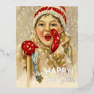 vintage boy in the snow - New Year Foil Holiday Postcard