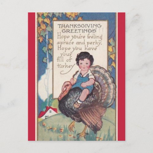 Vintage Boy on a Turkey Thanksgiving Postcard