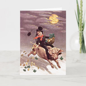 Vintage Boy on Pig Card