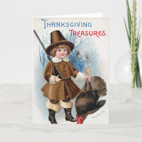 Vintage Boy Pilgrim And Turkey Thanksgiving Holiday Card