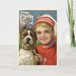 Vintage Boy & Pit Bull Dog Christmas Card